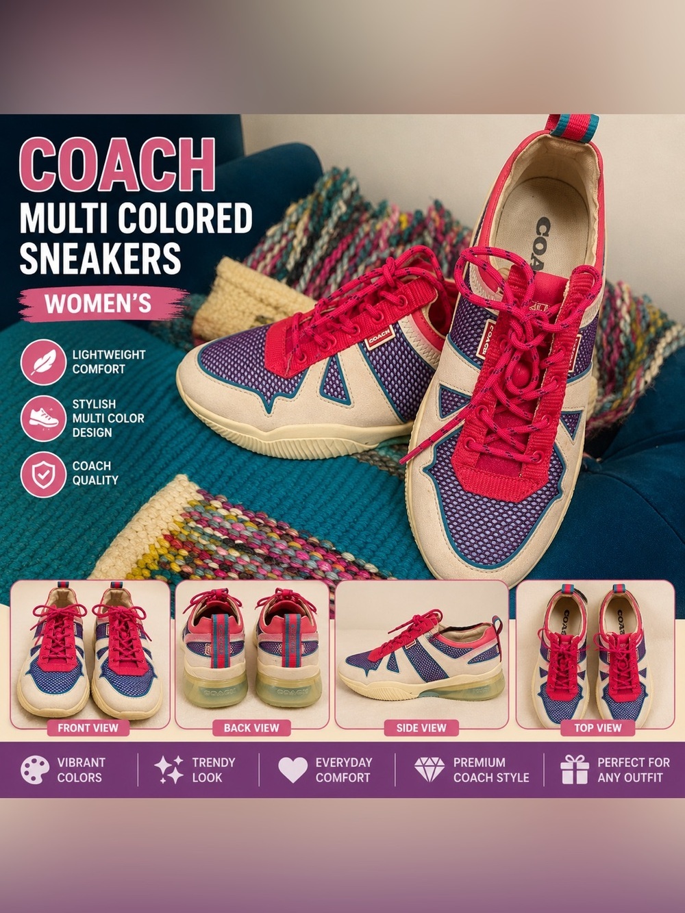 Coach Women's Multi-Colored Sneakers in Pink, Blue & Cream SIZE 10